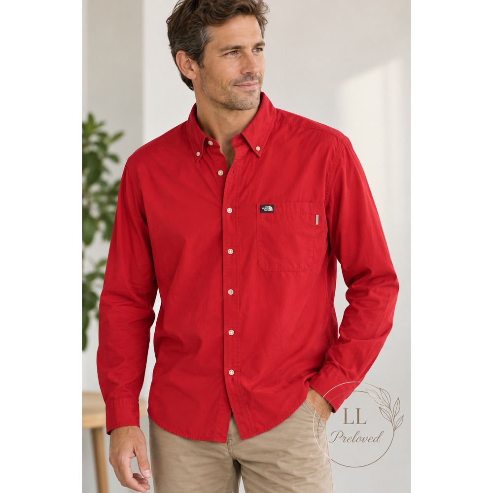 The North Face Button Down Shirt Mens Small Red Long Sleeve Hiking Gorpcore